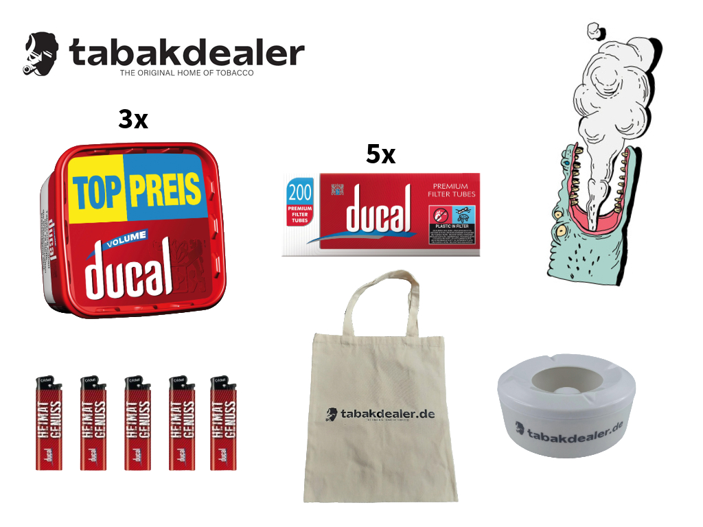 3x Ducal Red 170g + 1000 Hülsen + 5 Ducal Feuerzeuge + 1 Tabakdealer Tasche + 1 Tabakdealer Windascher 